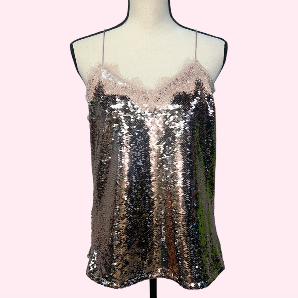Nine West Rose Gold Sequin Blush Lace Trim Cami Top